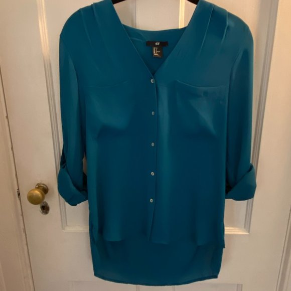 H&M Women's Teal V-Neck Button Down Blouse, High Low, Size 2 - Picture 4 of 7